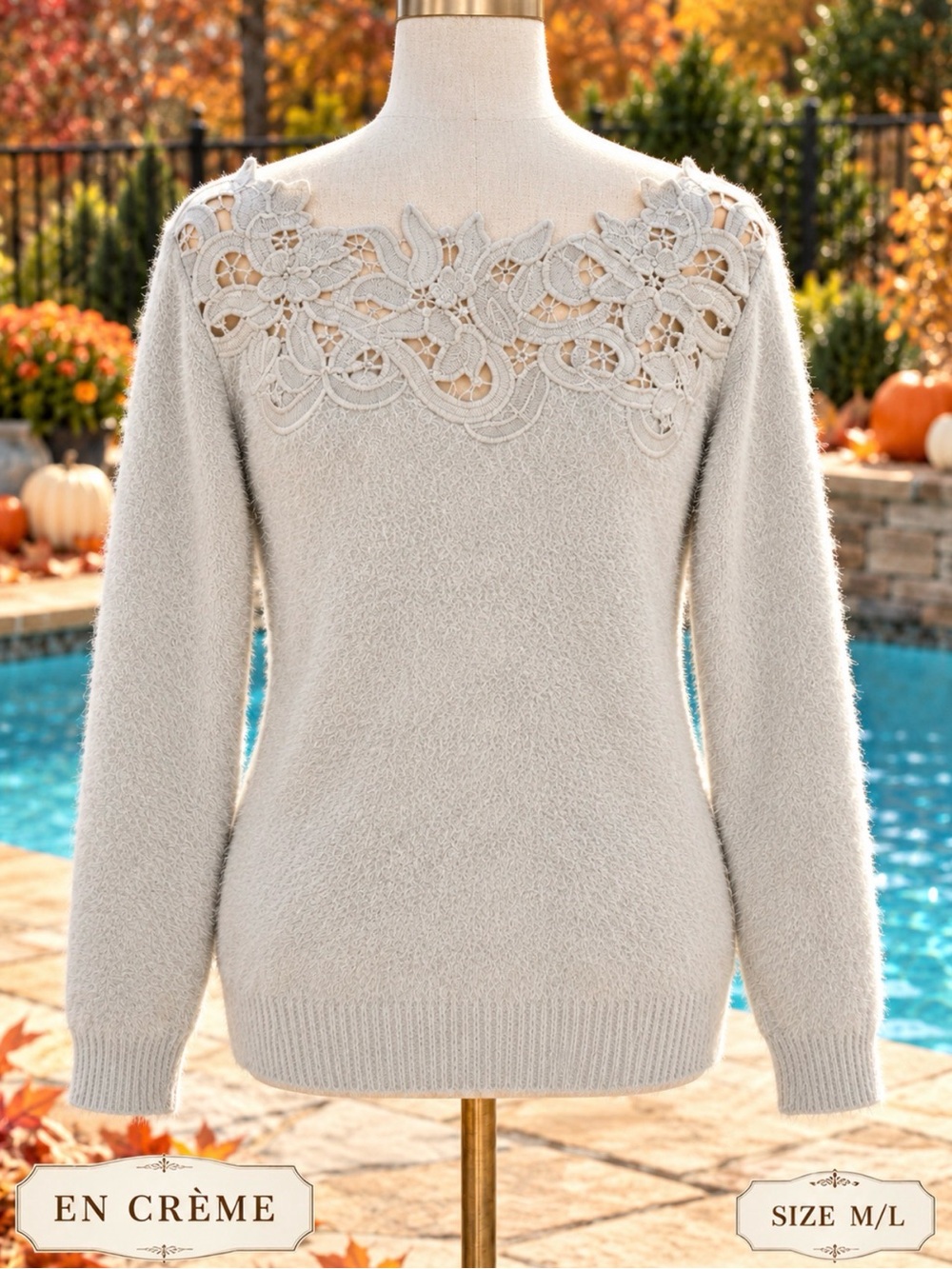 Lace Yoke Crewneck Sweater - Cream